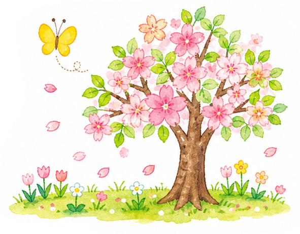 春の園庭と葉桜、ちょうちょのイラスト