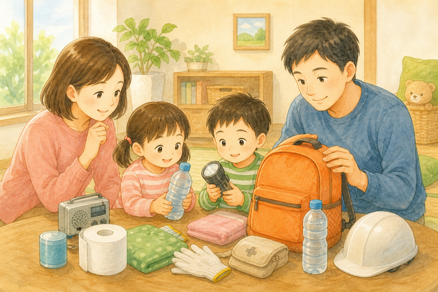 家族で防災用品を確認する子どもたち