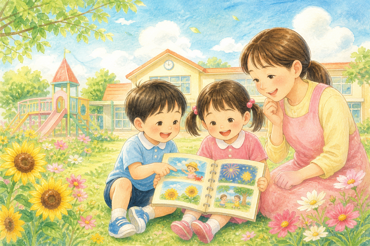 夏休みのおもいでノートを先生と一緒に見る子どもたち